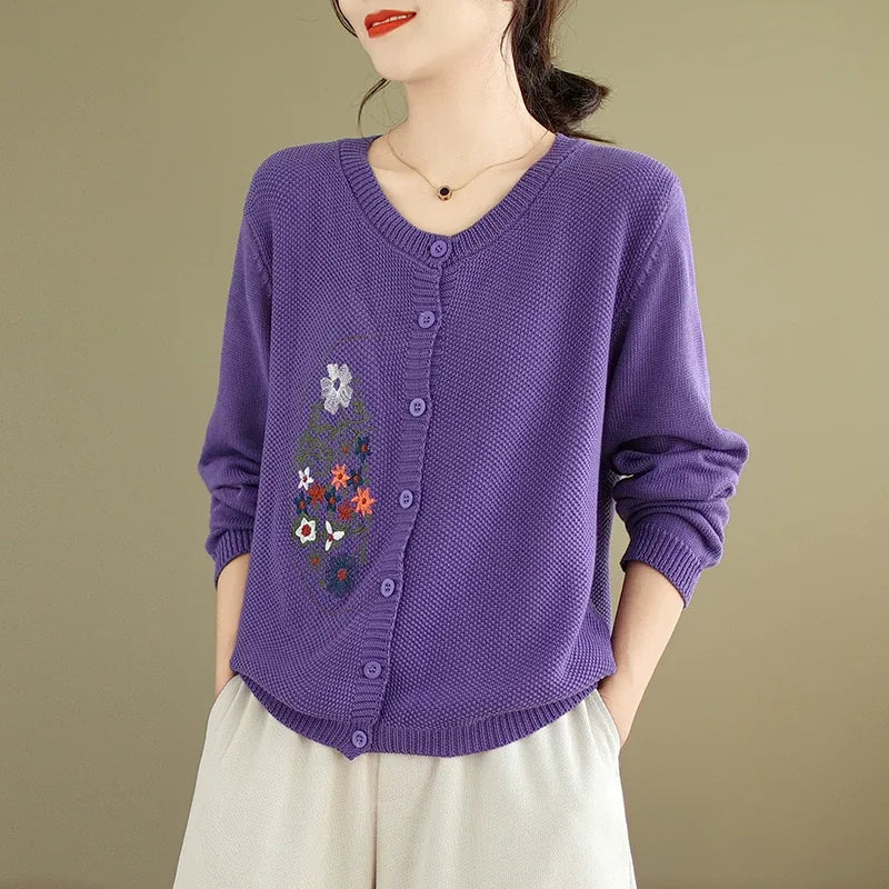 Floral Embroidered Cotton Knit Button Front Cardigan