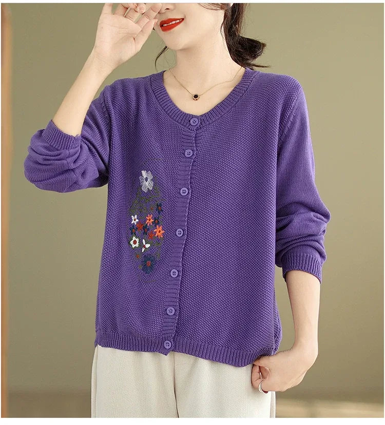 Floral Embroidered Cotton Knit Button Front Cardigan