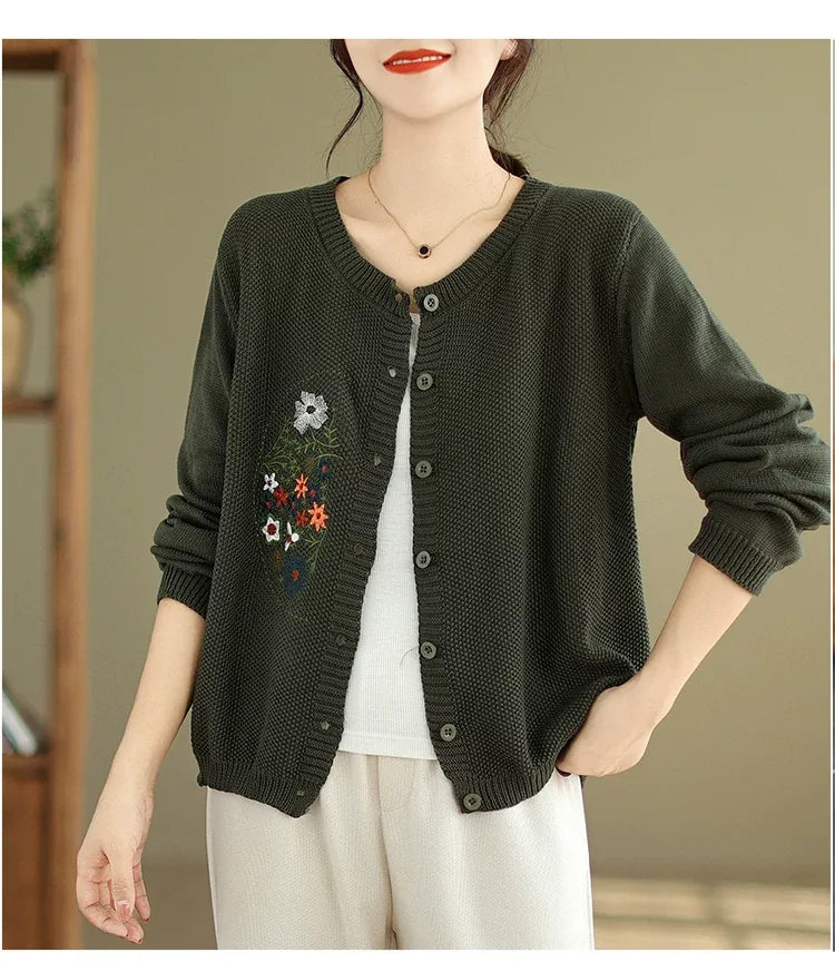 Floral Embroidered Cotton Knit Button Front Cardigan
