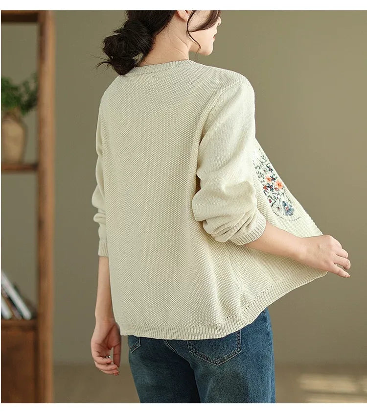 Floral Embroidered Cotton Knit Button Front Cardigan