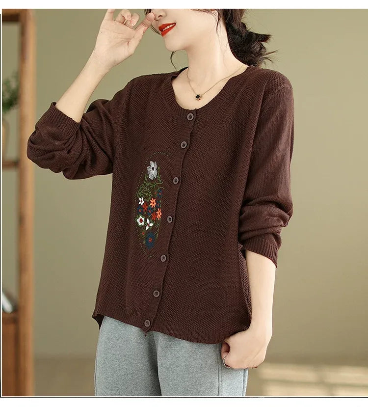 Floral Embroidered Cotton Knit Button Front Cardigan