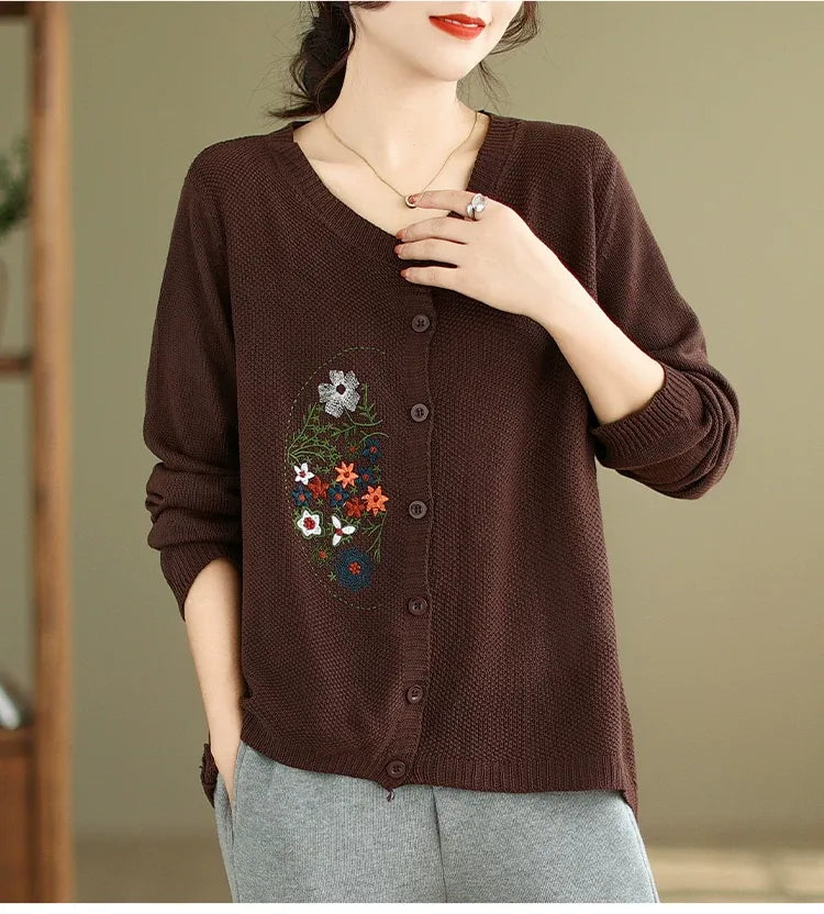Floral Embroidered Cotton Knit Button Front Cardigan