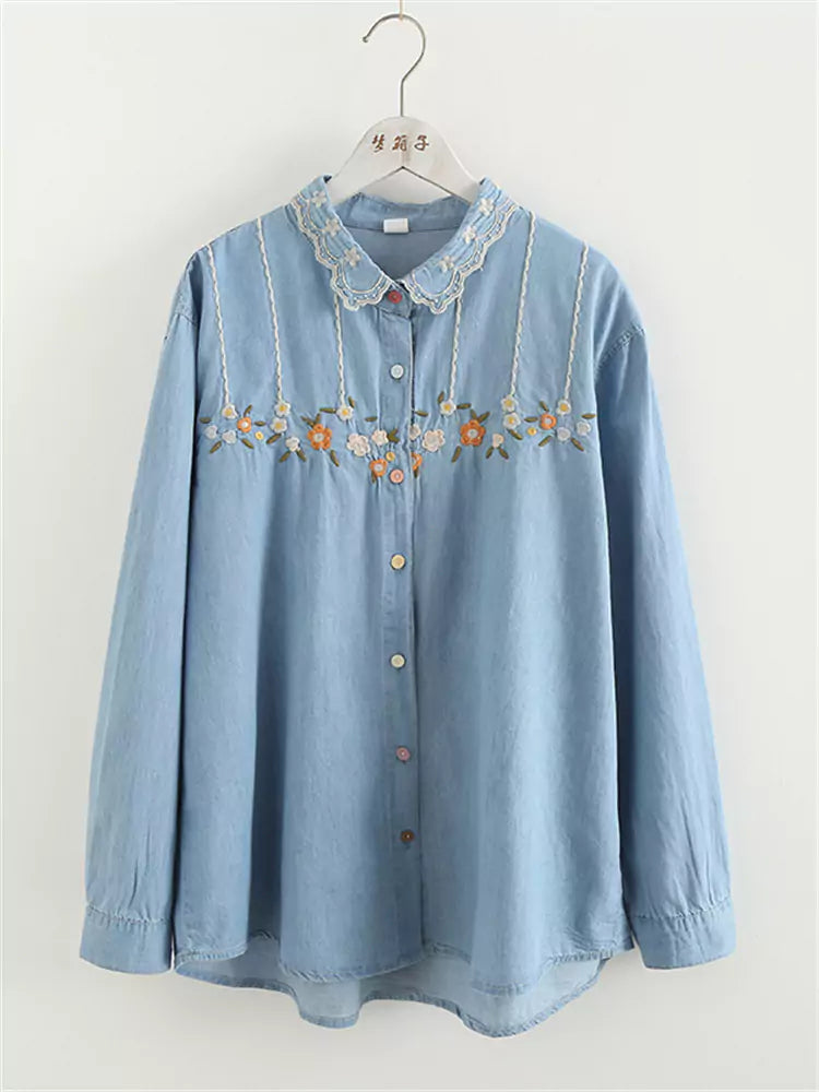 Floral Embroidered Oversized Denim Shirt with Colorful Buttons