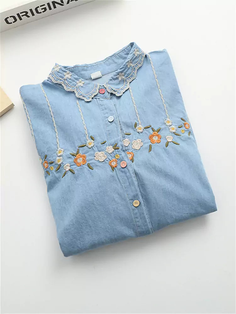 Floral Embroidered Oversized Denim Shirt with Colorful Buttons