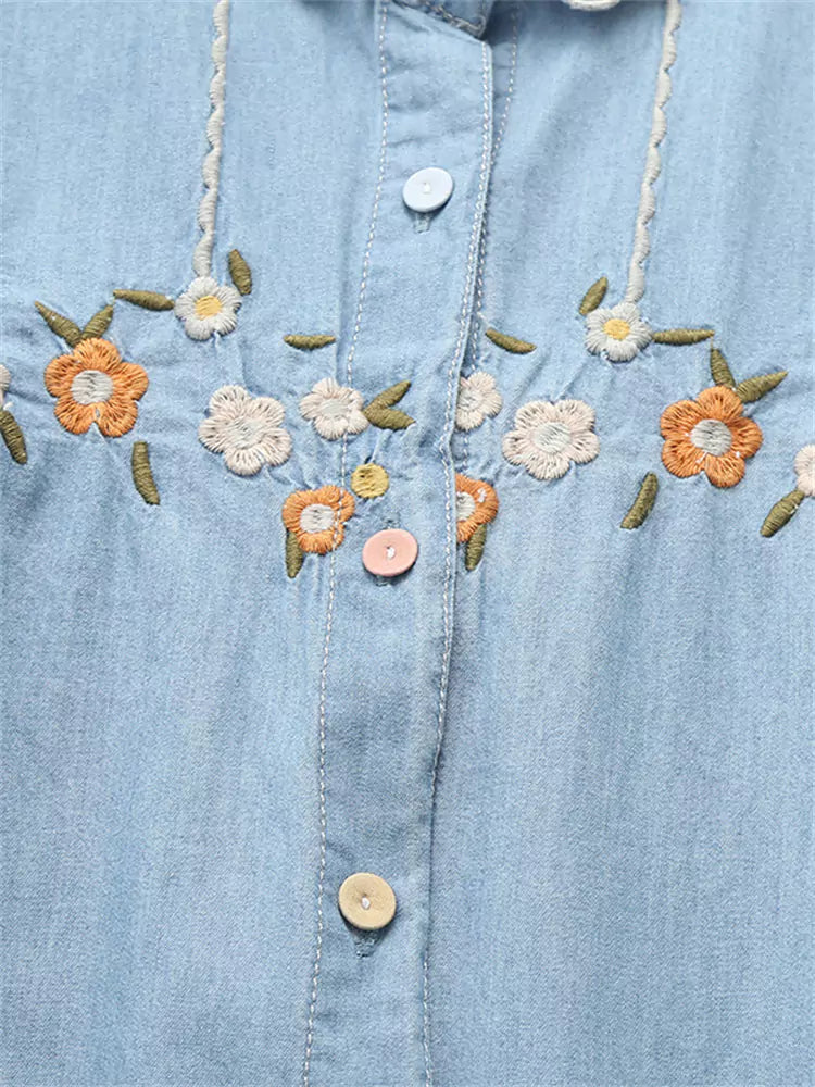 Floral Embroidered Oversized Denim Shirt with Colorful Buttons