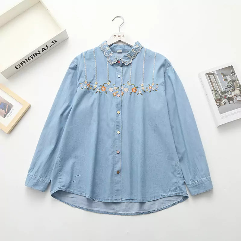 Floral Embroidered Oversized Denim Shirt with Colorful Buttons