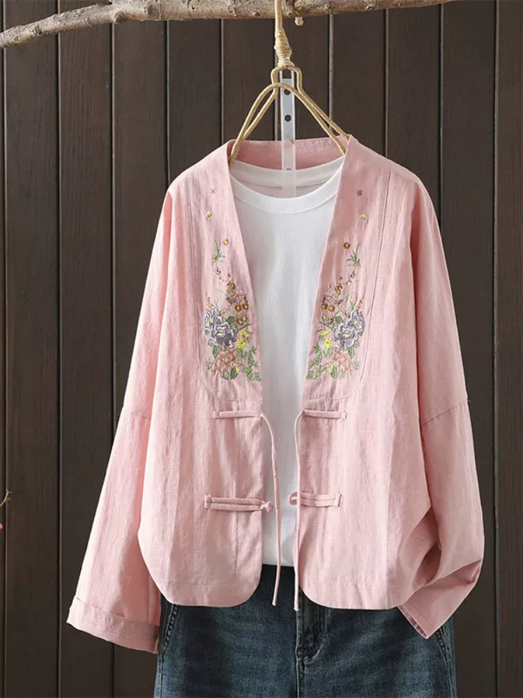 Floral Embroidered Frog Button V-Neck Long Sleeve Shirt