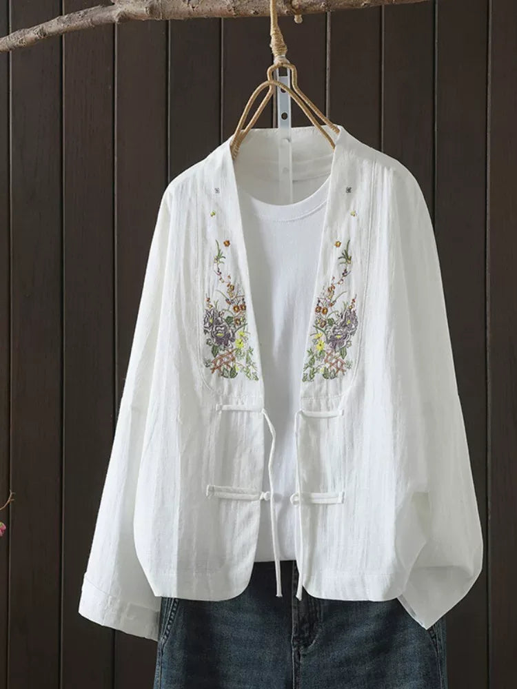 Floral Embroidered Frog Button V-Neck Long Sleeve Shirt