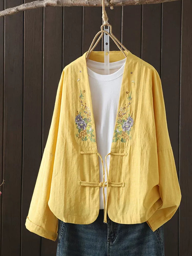 Floral Embroidered Frog Button V-Neck Long Sleeve Shirt