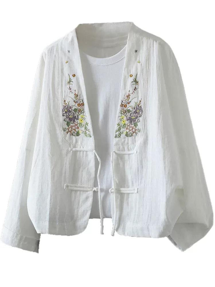Floral Embroidered Frog Button V-Neck Long Sleeve Shirt