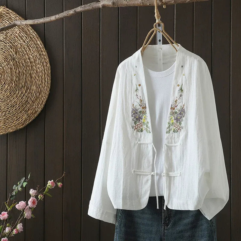 Floral Embroidered Frog Button V-Neck Long Sleeve Shirt
