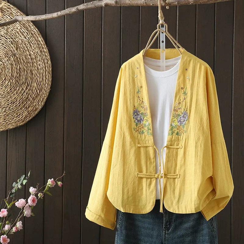 Floral Embroidered Frog Button V-Neck Long Sleeve Shirt