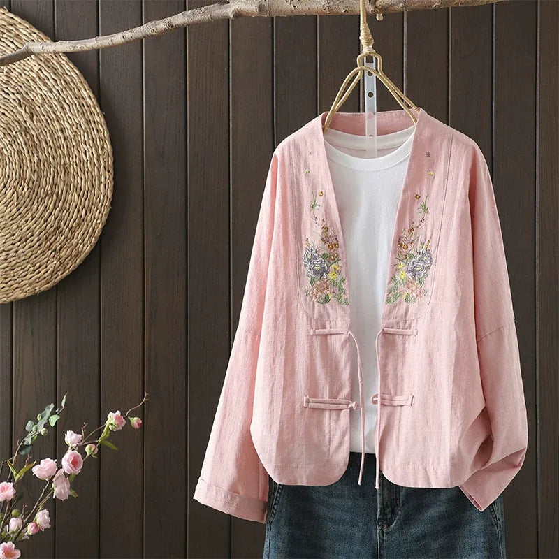 Floral Embroidered Frog Button V-Neck Long Sleeve Shirt