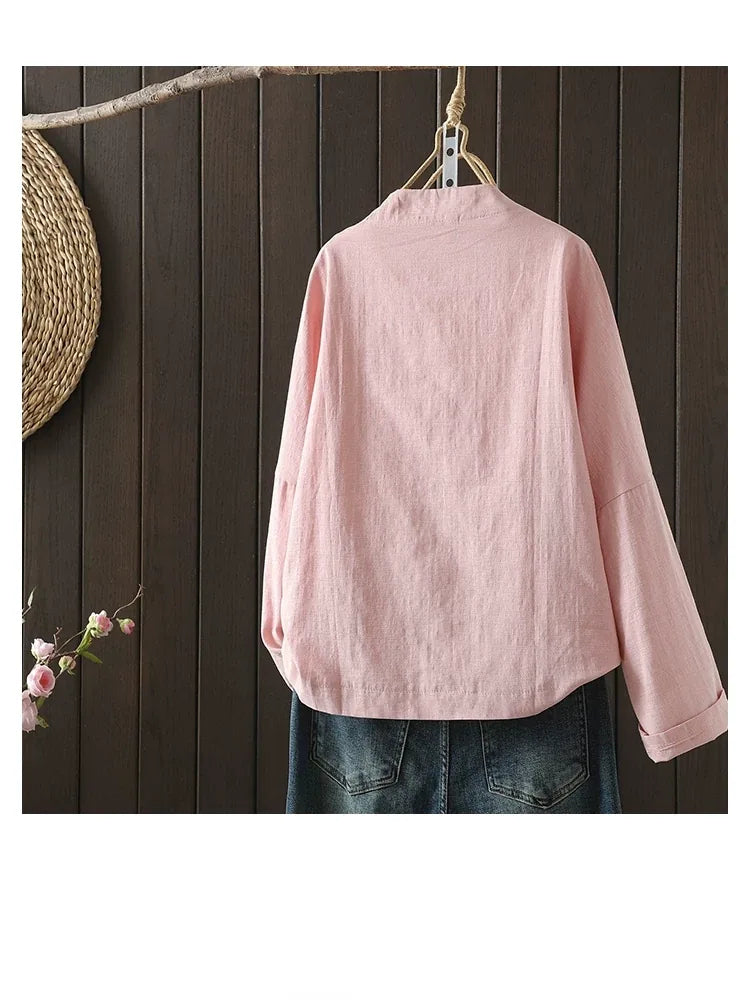 Floral Embroidered Frog Button V-Neck Long Sleeve Shirt