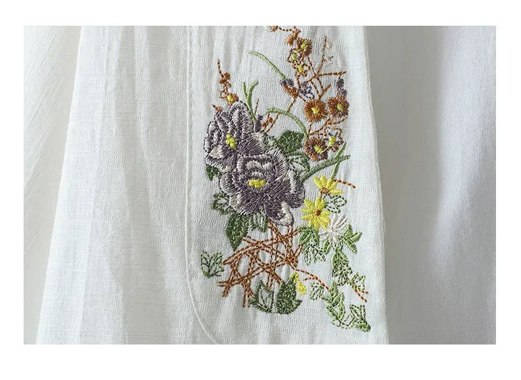 Floral Embroidered Frog Button V-Neck Long Sleeve Shirt