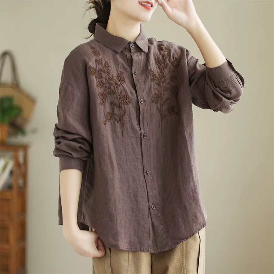 Floral Embroidered Textured Woven Long Sleeve Shirt