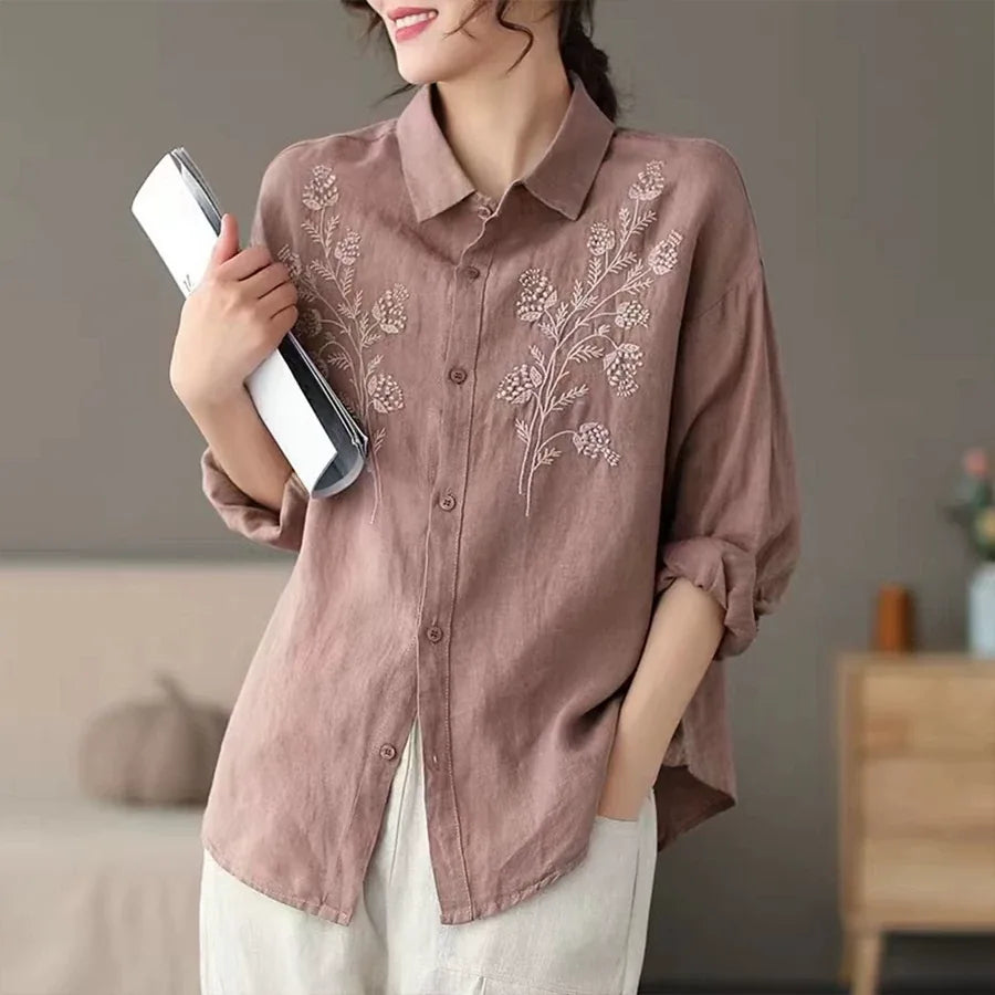 Floral Embroidered Textured Woven Long Sleeve Shirt