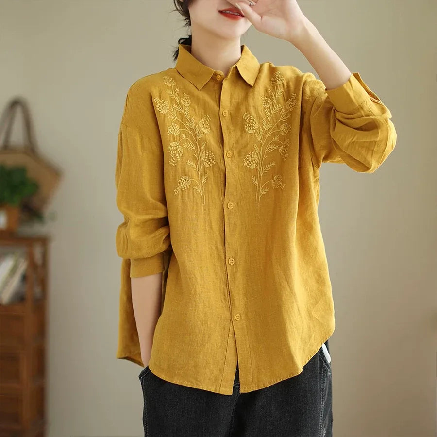 Floral Embroidered Textured Woven Long Sleeve Shirt