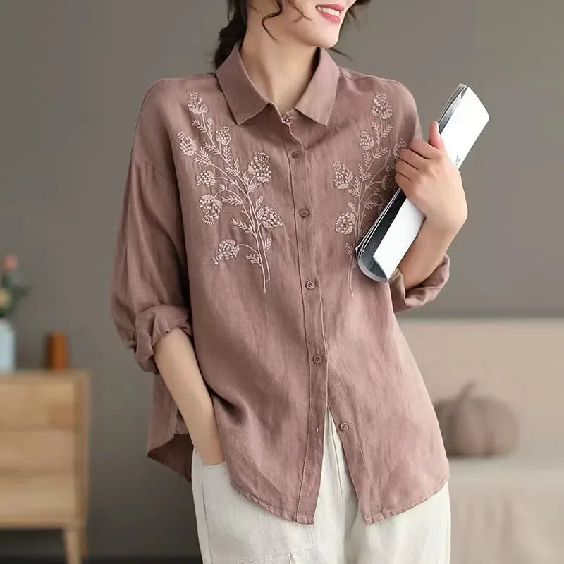 Floral Embroidered Textured Woven Long Sleeve Shirt