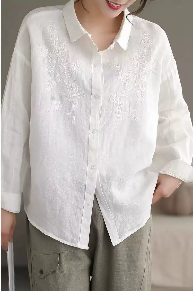 Floral Embroidered Textured Woven Long Sleeve Shirt