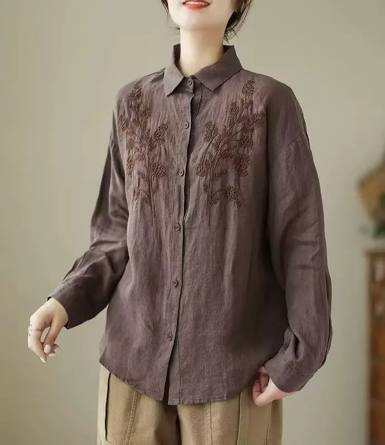 Floral Embroidered Textured Woven Long Sleeve Shirt
