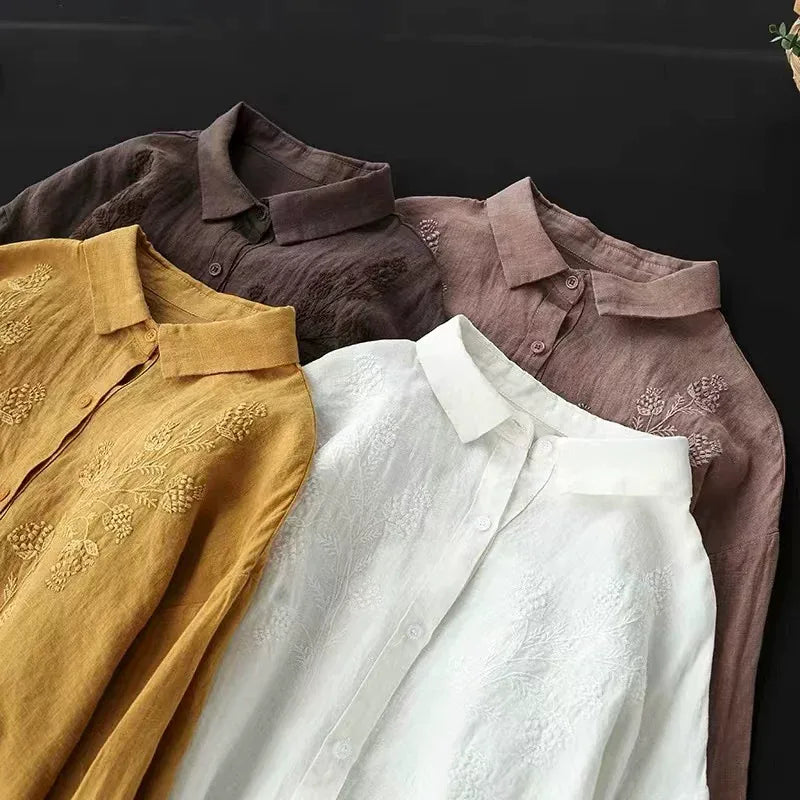Floral Embroidered Textured Woven Long Sleeve Shirt
