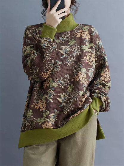 Sudadera vintage con cuello alto y forro polar con estampado floral