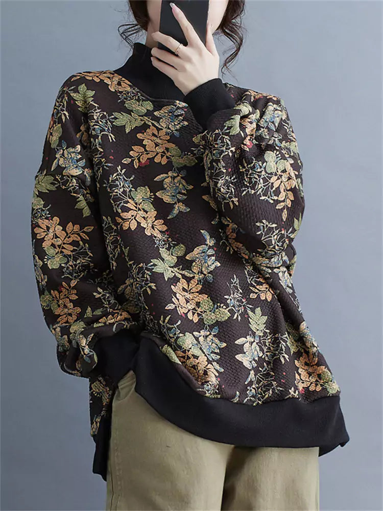 Vintage Floral Fleece Lined High Neck Pullover Sweatshirt