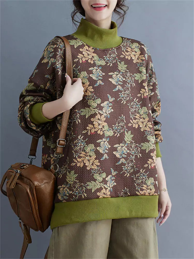 Vintage Floral Fleece Lined High Neck Pullover Sweatshirt