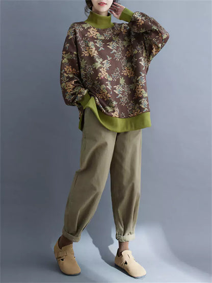 Sudadera vintage con cuello alto y forro polar con estampado floral