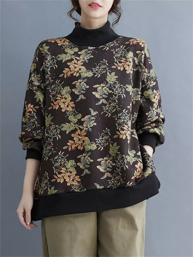 Vintage Floral Fleece Lined High Neck Pullover Sweatshirt