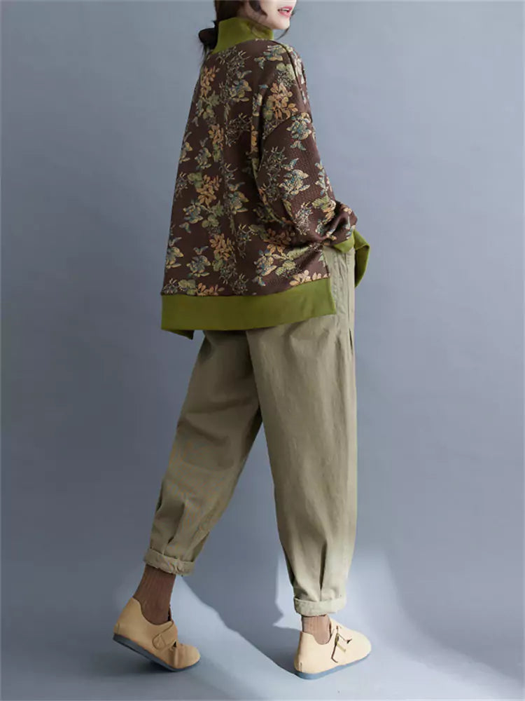 Sudadera vintage con cuello alto y forro polar con estampado floral