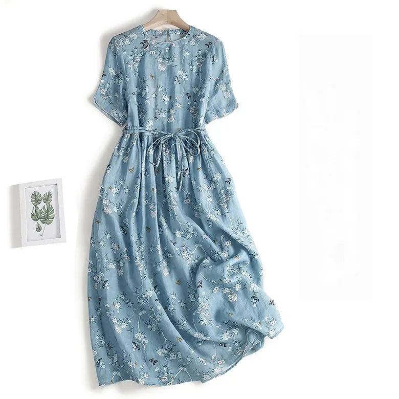 Floral Print A-Line Midi Dress Short Sleeve Round Neck