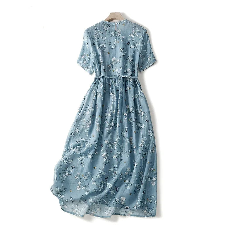 Floral Print A-Line Midi Dress Short Sleeve Round Neck