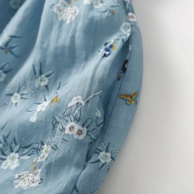 Floral Print A-Line Midi Dress Short Sleeve Round Neck