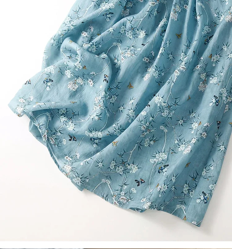 Floral Print A-Line Midi Dress Short Sleeve Round Neck