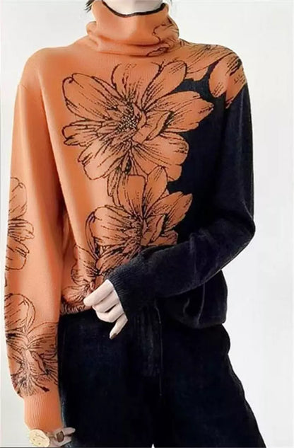 Floral Print Color Block Turtleneck Knit Pullover Sweater