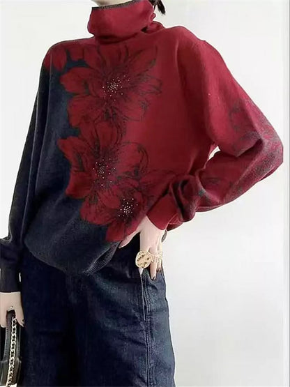 Floral Print Color Block Turtleneck Knit Pullover Sweater