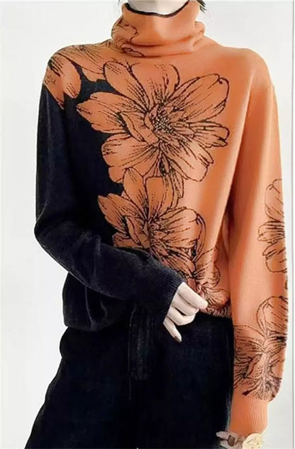 Floral Print Color Block Turtleneck Knit Pullover Sweater