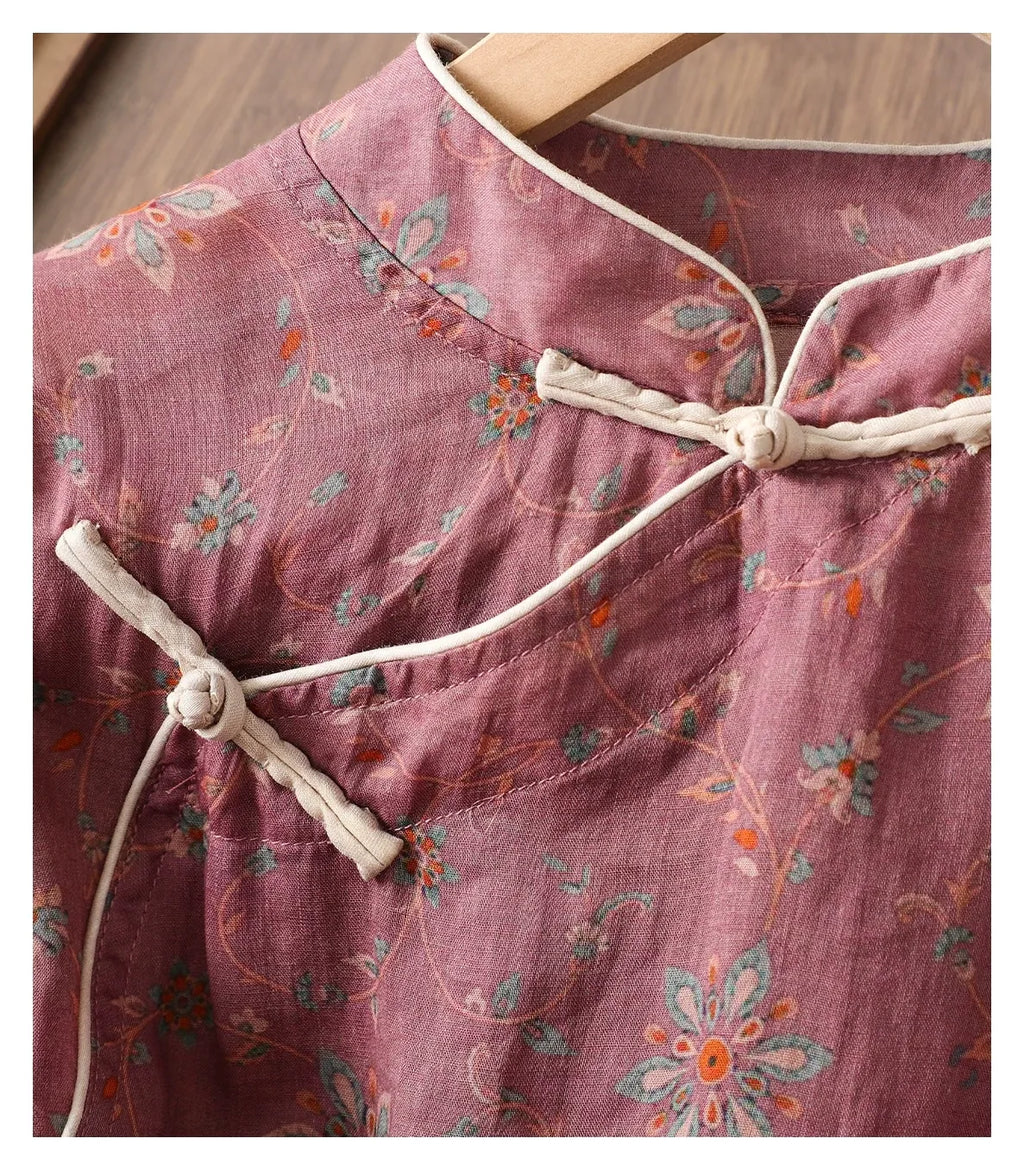 Floral Print Cotton Linen Half Sleeve Shirt - detail view