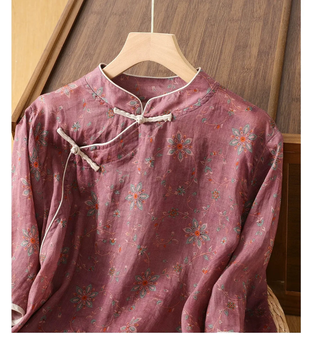 Floral Print Cotton Linen Half Sleeve Shirt - detail view