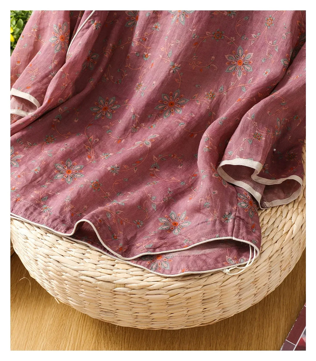 Floral Print Cotton Linen Half Sleeve Shirt - detail view