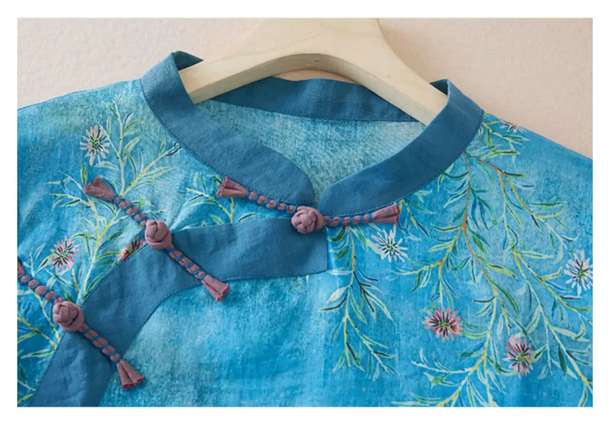Floral Print Cotton Linen Half Sleeve Shirt with Embroidery - detail view
