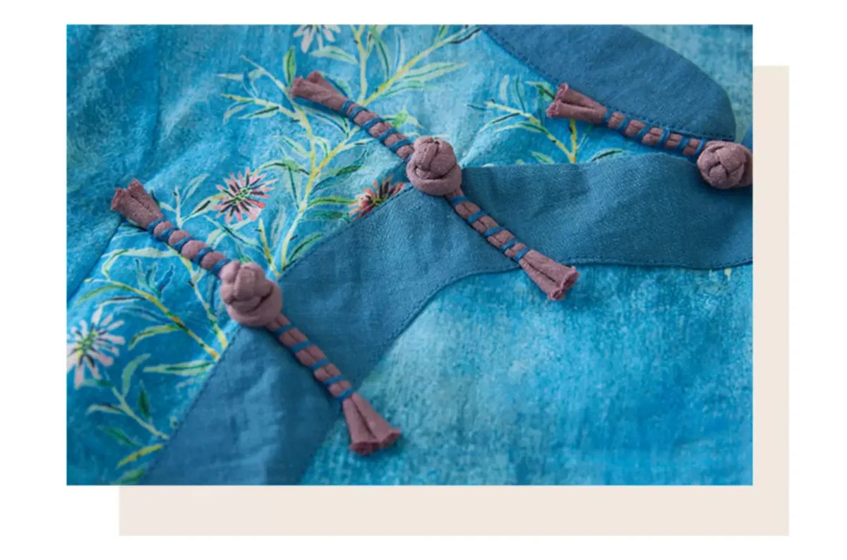 Floral Print Cotton Linen Half Sleeve Shirt with Embroidery - detail view