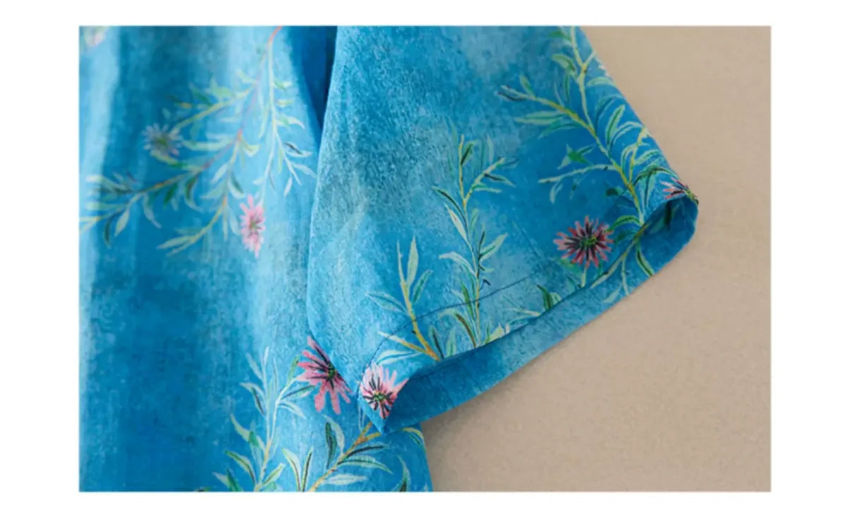 Floral Print Cotton Linen Half Sleeve Shirt with Embroidery - detail view
