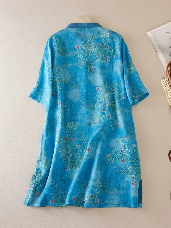 Floral Print Cotton Linen Half Sleeve Shirt with Embroidery - product view view