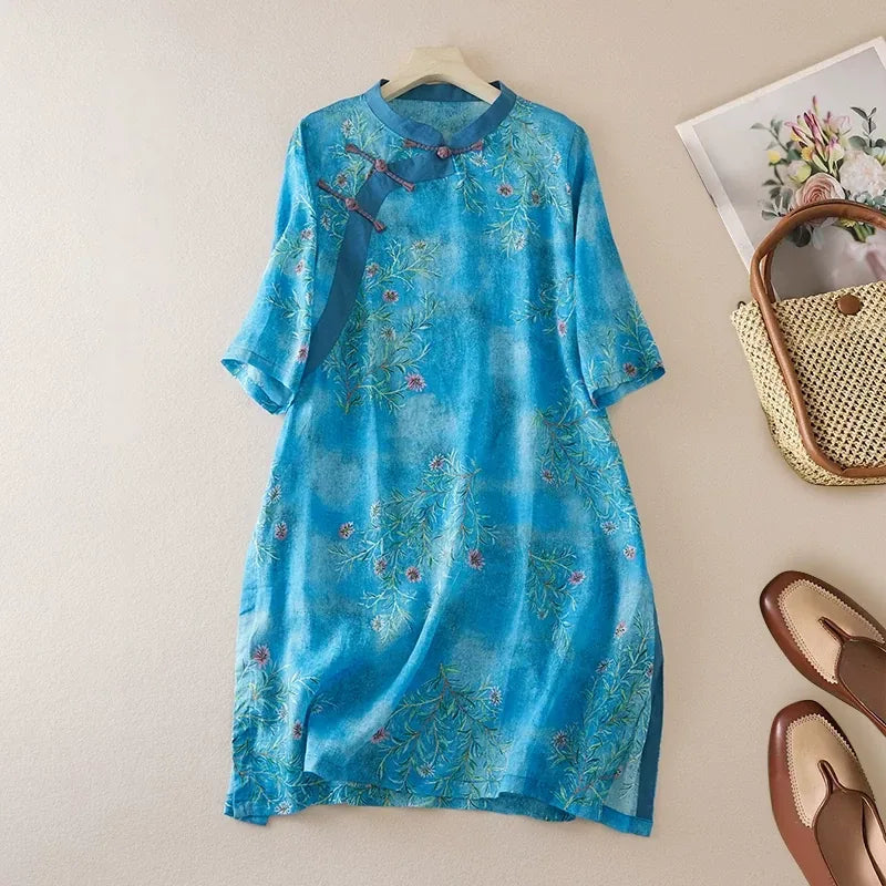 Floral Print Cotton Linen Half Sleeve Shirt with Embroidery - product view view