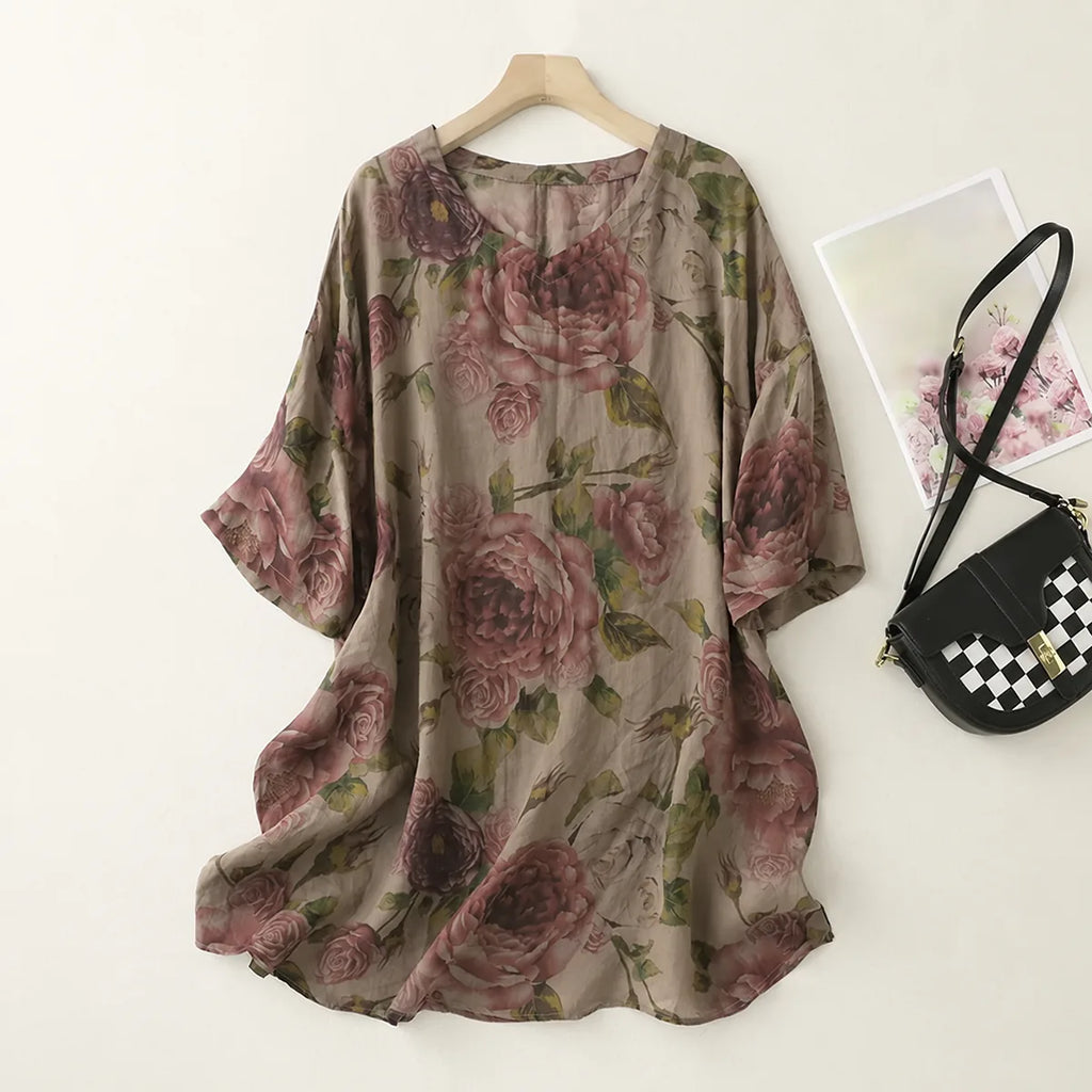 Floral Print Cotton Linen Half Sleeve Tunic - color option view