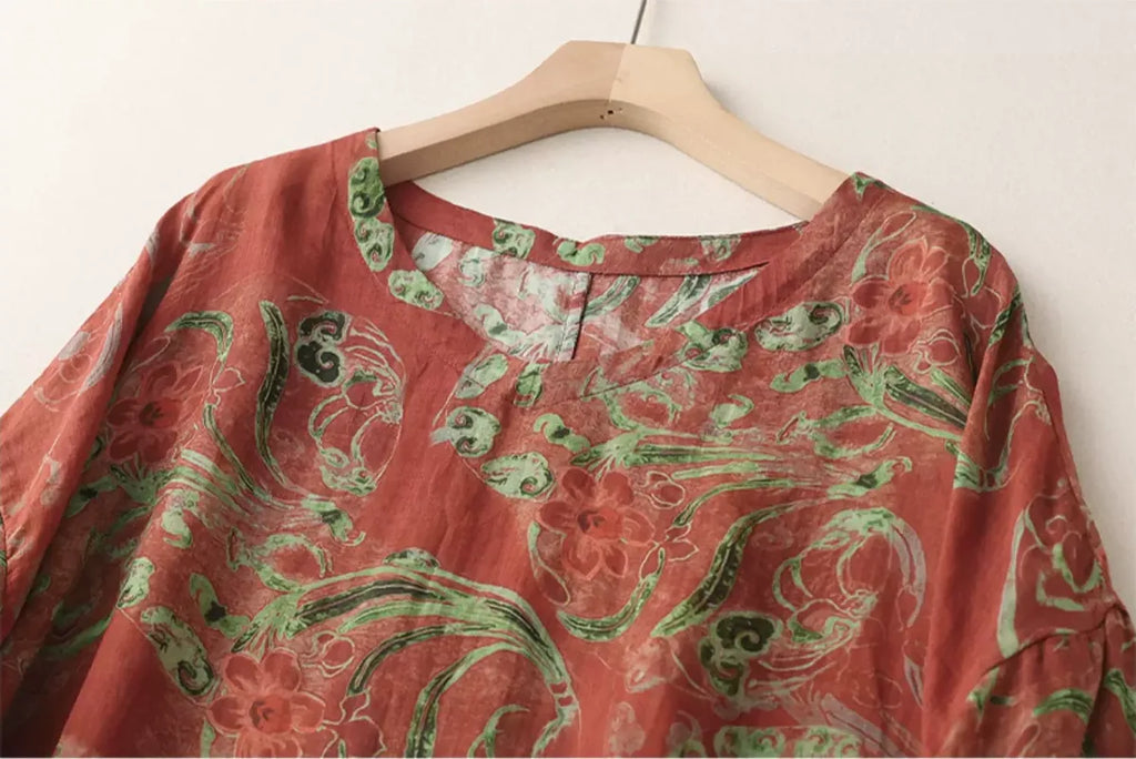 Floral Print Cotton Linen Half Sleeve Tunic - detail view
