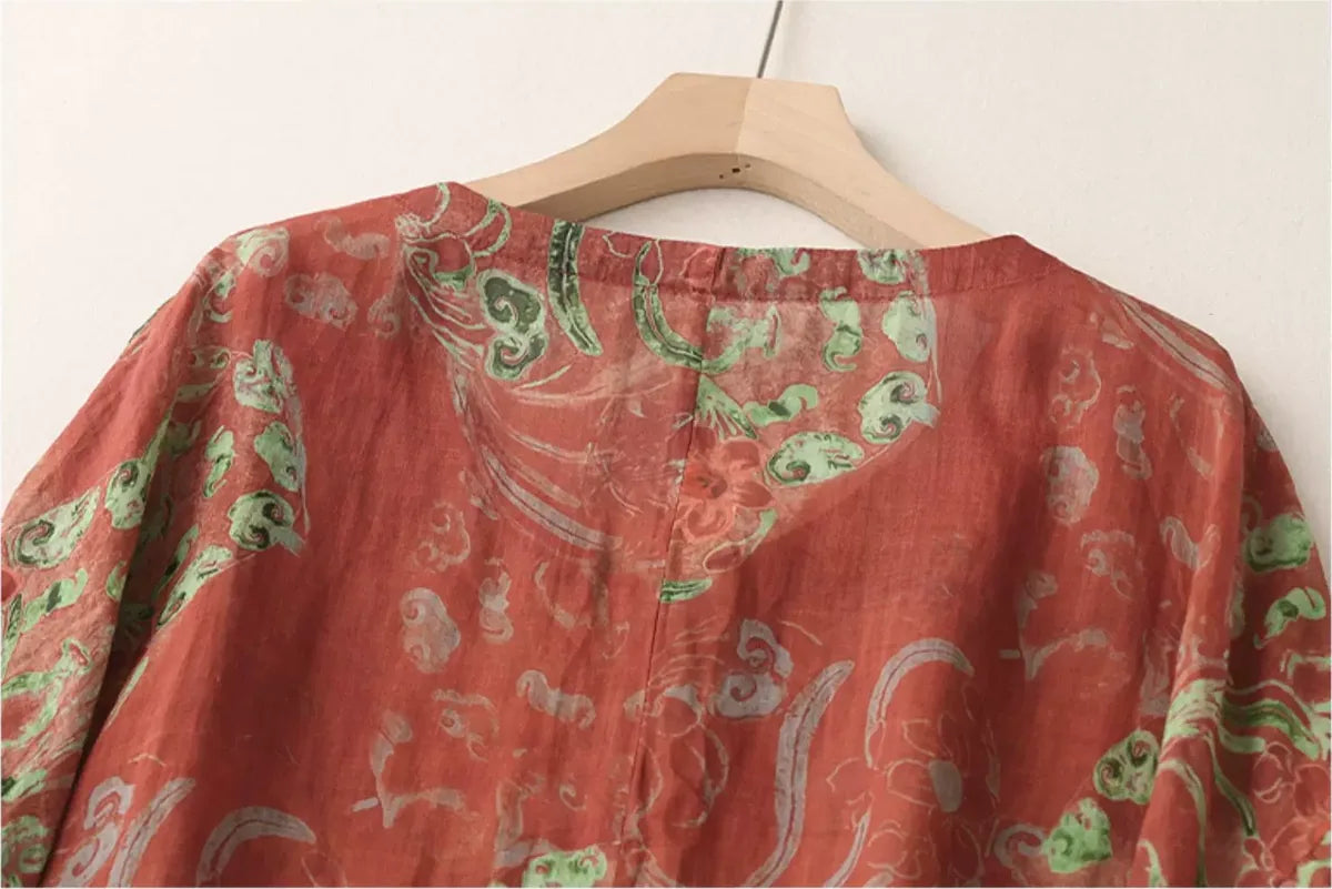 Floral Print Cotton Linen Half Sleeve Tunic - detail view
